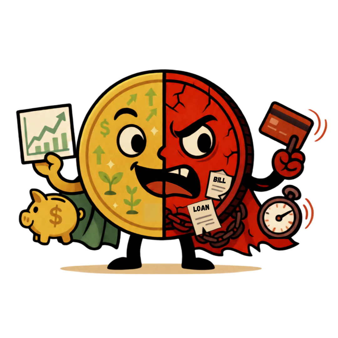 A two-sided cartoon coin character shows compound interest as growth on the gold half and as mounting debt on the cracked red half.
