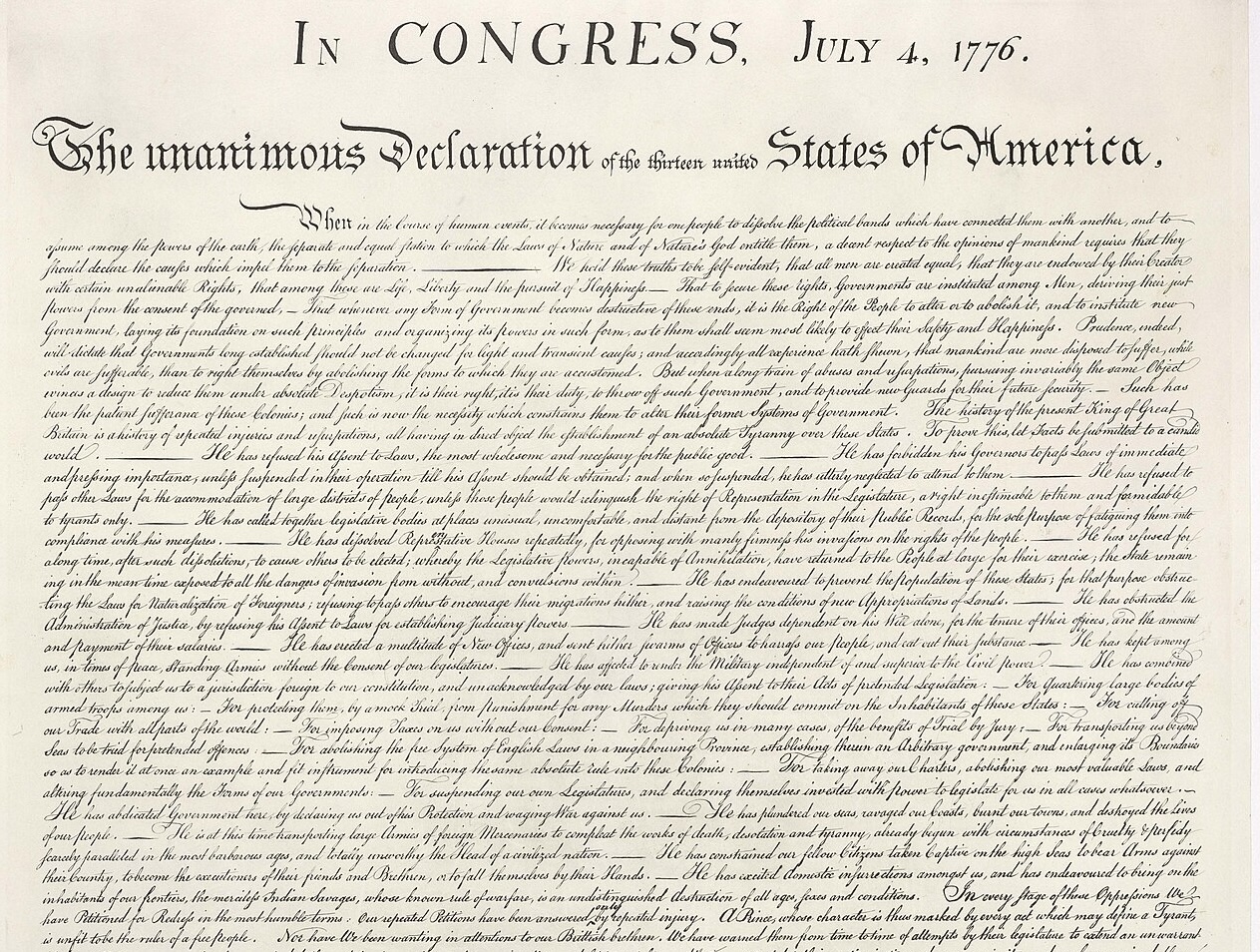 The Declaration of Independence, dated July 4, 1776, showing the full handwritten text of the unanimous declaration of the thirteen united States of America.