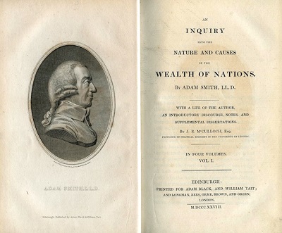 The title page of an early edition of The Wealth of Nations by Adam Smith, published in Edinburgh, alongside an engraved portrait of Adam Smith.