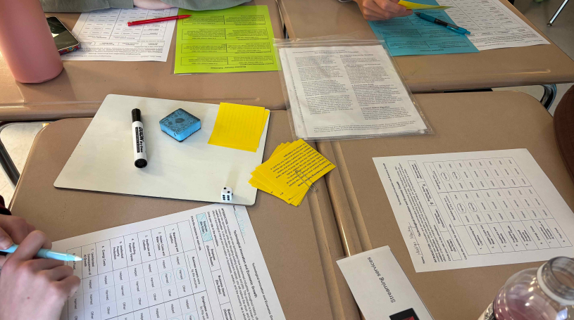 Students work in small groups using Econiful's Lesson 4.6 materials (worksheets, activity cards, and a die) one of 80 economics lessons now available with dedicated pages on econiful.org.