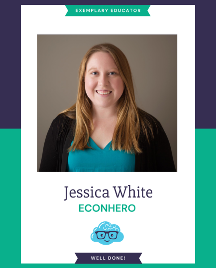Exemplary Educator award: Jessica White, Econiful's EconHero. A former student nominated Jessica for this honor, praising her passion for teaching and her ability to connect economics to novel topics like Mario Kart, Pokémon cards, and Broadway musicals. We are proud to shine a light on Jessica's dedication and innovative teaching. Well done!