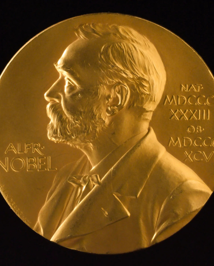 The Nobel Prize medal, featuring a relief portrait of Alfred Nobel with his name and birth and death years inscribed in Latin.”