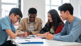 Four high school students collaborating at a table as they review and discuss sample written responses from lesson 2.8.