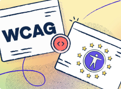An illustration shows a browser window labeled “WCAG” connected by a red code symbol to a second window displaying the universal accessibility icon encircled by the gold stars of the European Union flag.