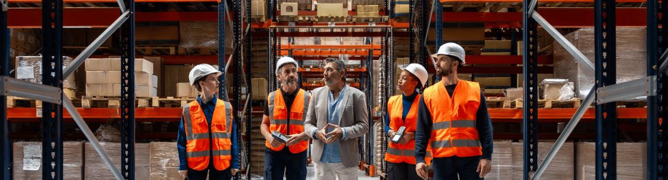 Five warehouse workers in orange safety vests and hard hats confer in a large storage facility with tall shelving units stacked with boxes.