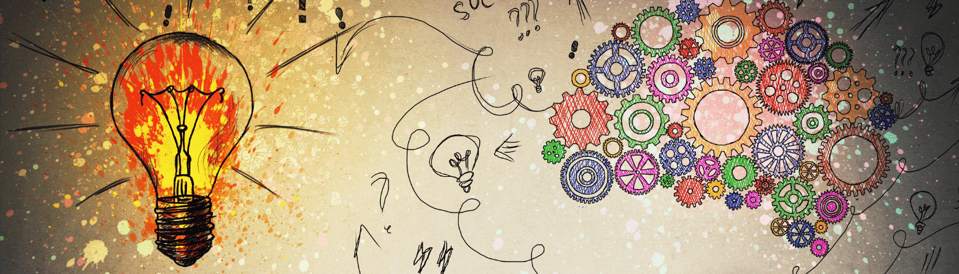 An illustrated light bulb bursting with color beside a cluster of interlocking gears, representing the creative economic thinking and synthesis of ideas in this lesson.