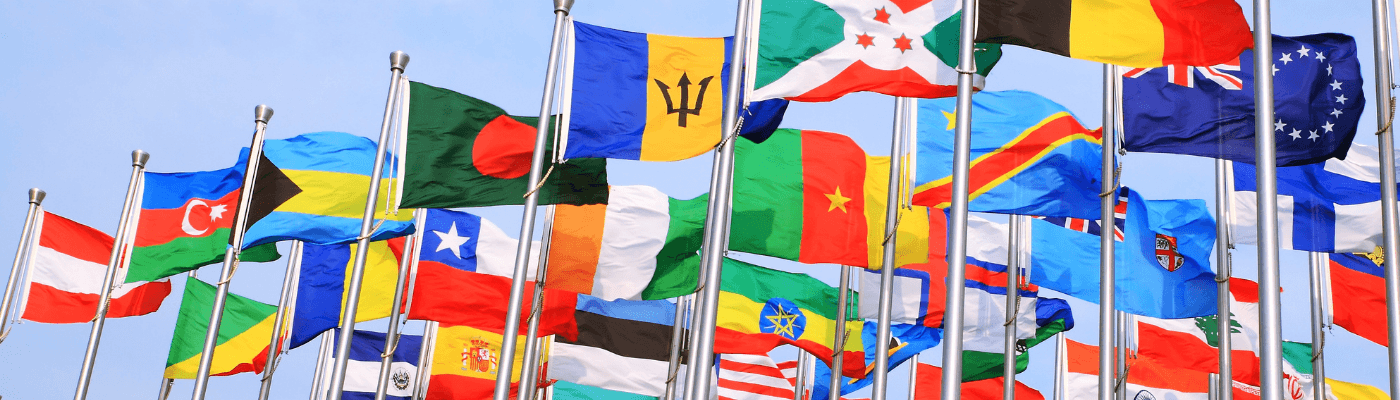 Flags from many different countries fly side by side on tall poles against a blue sky, representing the cross-country comparison of GDP per capita and quality of life explored in this lesson.
