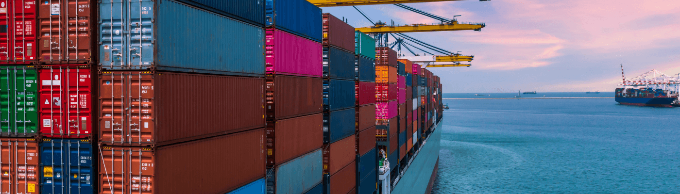A large cargo ship stacked with colorful shipping containers at port under a pink sky, representing the international trade flows and trade policy debates explored in this lesson.
