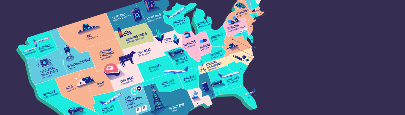 A colorful illustrated map of the United States showing each state's top export — from aircraft and vehicles to corn and semiconductors — representing the state-level trade research students conduct in this lesson.