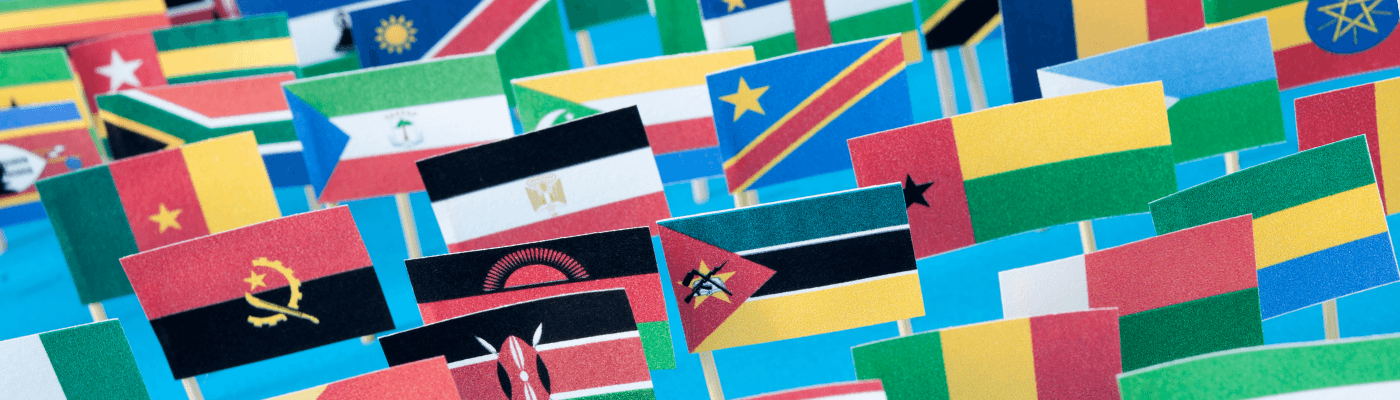 Dozens of small national flags on sticks arranged together in a colorful display, representing the global diversity of countries explored in Unit 4's study of economic development.