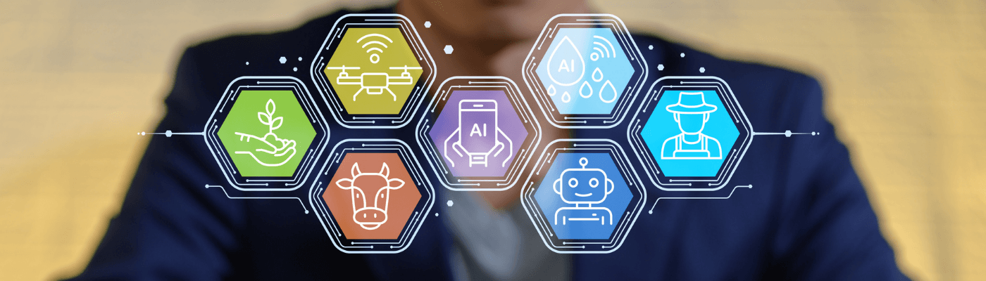 A person holds up colorful hexagonal icons representing AI, agriculture, robotics, and other industries connected by circuit lines, illustrating how technological innovation affects different sectors and stakeholders.