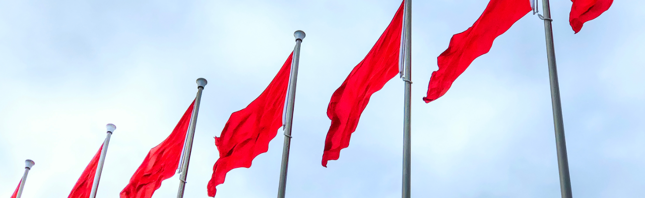 A row of red flag against a blue sky background, depicting potential things savvy consumers should be wary of.