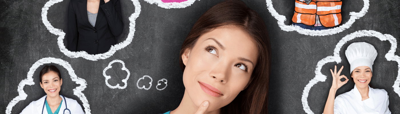 Woman contemplates career paths including chef, doctor, and construction worker.