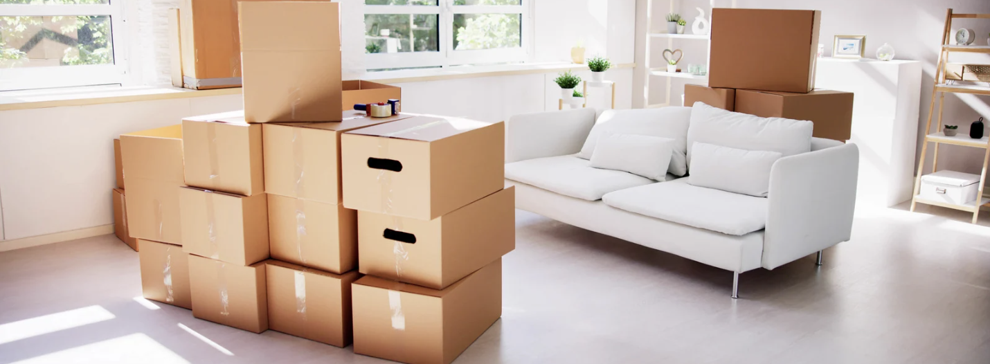 Cardboard boxes in a living room filled with unpacked moving boxes and a couch.